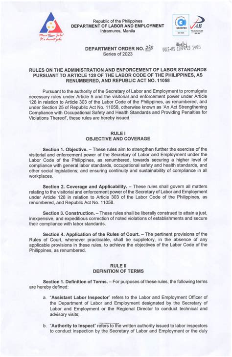 DOLE Department Order No. 238, Series of 2023.